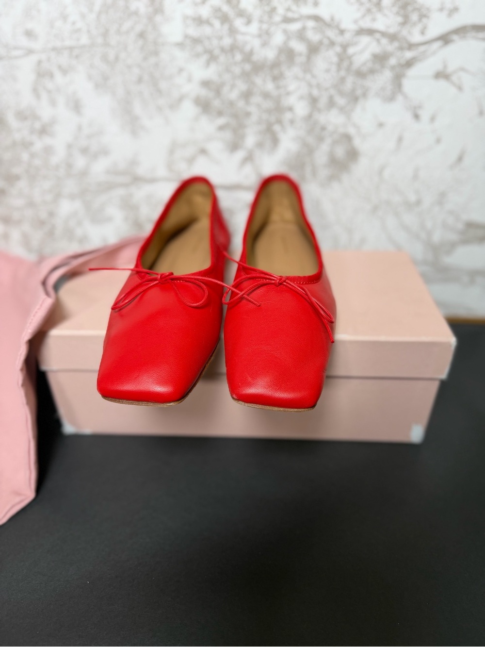 Mansur Gavriel Square Toe Ballerina Flat in Poppy red ballet leather shoe - Picture 4 of 9
